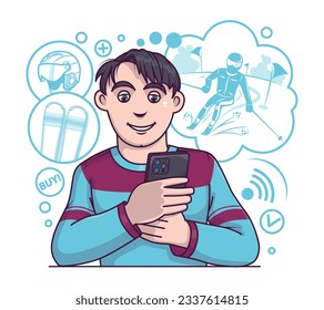 Male ordering skiing supplies via modern gadget. Buyer ordering goods via smartphone. Profitable shopping day concept. Flat vector illustration in blue colors in cartoon style