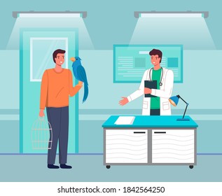 Male owner of blue big parrot at the reception at the vet. Doctor with a stethoscope and a folder in his hands. Treatment of pets and birds. Veterinarian's office with fluorescent lamps. Flat image