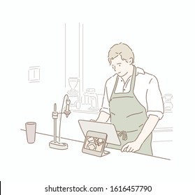 Male Owner Of Coffee Shop. Hand drawn style vector design illustrations.