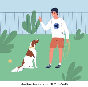 Male owner training his dog to command sit. Trainer teach obedient purebred spaniel in park. Cheerful man or cynologist with puppy on the playground. Flat vector cartoon illustration of trained pet