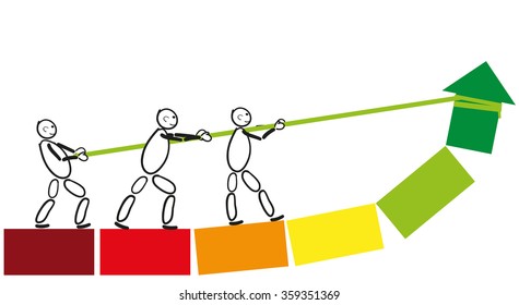 Male pack join forces to achieve a common goal. They draw their common objective in the green field. Abstract drawing of stick figures with arrow.