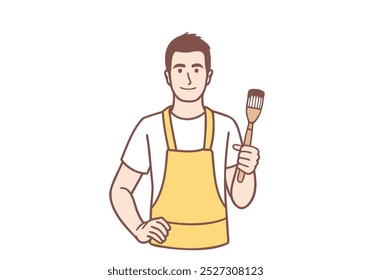 Pintor masculino no avental segurando pincéis. Ilustrações de design de vetor de estilo desenhado à mão.