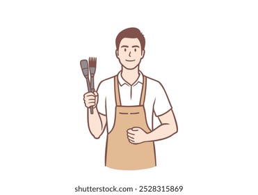 Pintor masculino no avental segurando pincéis. Ilustrações de design de vetor de estilo desenhado à mão.