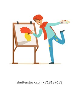 Male Painter Artist Character With Mustache Wearing Red Beret Painting Vase Of Flowers Standing Near Easel Vector Illustration