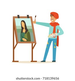 Male painter artist character with mustache wearing red beret painting female portrait with brush vector Illustration