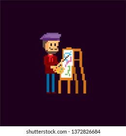 male painter artist holding palette near easel. Pixel art. Old school computer graphic. Element design stickers, logo, mobile app, menu. 8 bit video game. Game assets 8-bit sprite. 16-bit.
