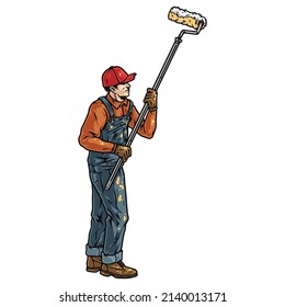 Male Painter In Cap And Dirty Overalls Standing With Long Roller In Colorful Vintage Style, Vector Illustration