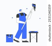 Male painter holding a paint roller in flat vector illustration symbolizing home painting, renovation, and professional handyman services, isolated on white background.