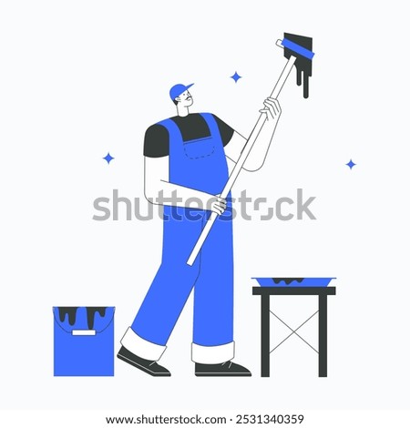 Male painter holding a paint roller in flat vector illustration symbolizing home painting, renovation, and professional handyman services, isolated on white background.