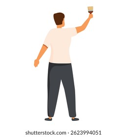 Male painter is holding a paintbrush in his hand reaching up to paint a wall