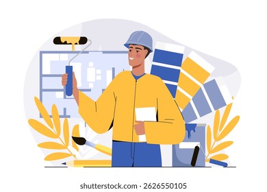 Male painter in uniform holding paint roller and paper, surrounded by paint swatches and tools, on white background. Concept of renovation and interior design. Vector illustration
