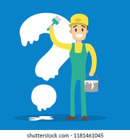 Male painter in uniform standing and holding paint roller. Smiling man standing in front of big question mark. Flat vector illustration