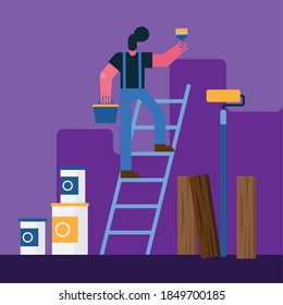 male painter worker remodeling in stairs character vector illustration design