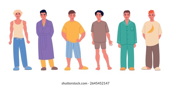Pijamas machos. Jovens caras bonitos em roupas de dormir e caseiras, roupões de banho, shorts e t shirts, personagens de homens felizes em roupas de baixo, desenho animado estilo liso isolado classy vetor set