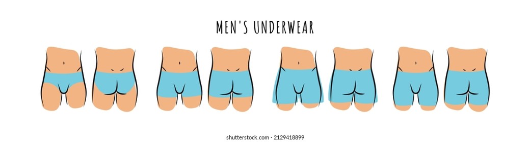 Male panties icon set.  Sketch clothing underwear items. Silhouette buttocks. Innerwear Brief,  trunck, boxsers, midway briefs. Vector