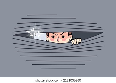 Male paparazzi hide behind curtain take pictures with camera. Man photographer hidden from people make photos with phone. Reporter and journalist job. Flat vector illustration. 