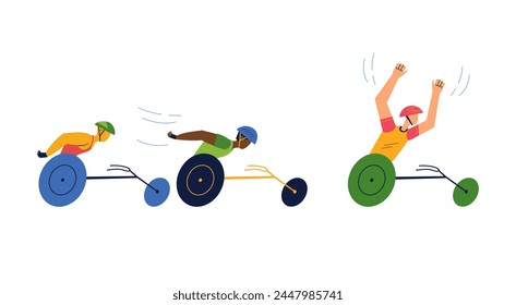 Male para-athletes compete in wheelchair racing. Hand drawn vector illustration.