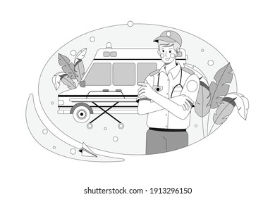 Male paramedic and ambulance van Vector Illustration concept. Flat illustration isolated on white background.