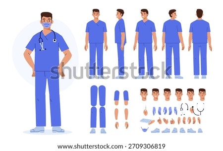Male paramedic character constructor for animation. Emergency specialist  wearing uniform and facial mask. Front, side and back view set. Vector illustration.