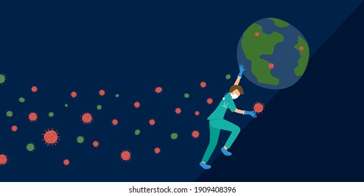 male paramedic or medical staff with face mask and stethoscope fighting coronavirus in outer space to prevent spread of COVID-19 and save the world, concept of healthcare in pandemic situation.