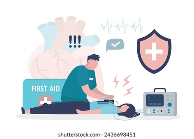 Male paramedic use defibrillator for cardiac arrest of woman patient suffer from heart attack. Doctor first aid resuscitation. Lifesaving, ambulance, emergency service. Flat vector illustration