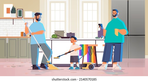 male parents cleaning house with little son gay family transgender love LGBT community concept