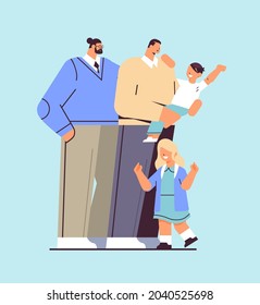 male parents standing with little children gay family transgender love LGBT community concept