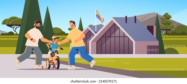 Male Parents Teaching Little Son To Ride Bike Gay Family Transgender Love LGBT Community Concept