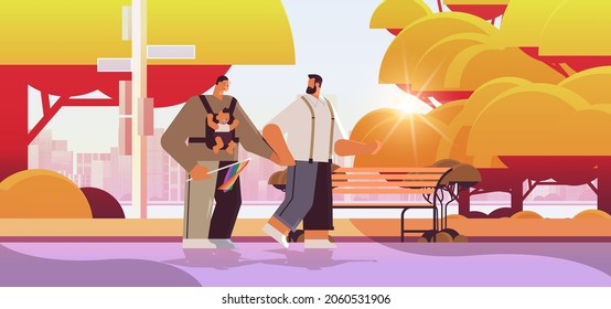 Male Parents Walking With Little Child In Park Gay Family Transgender Love LGBT Community Concept