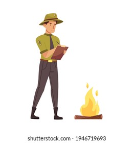 Male Park Ranger in Khaki Hat Protecting and Preserving National Parkland Detecting Violation Vector Illustration