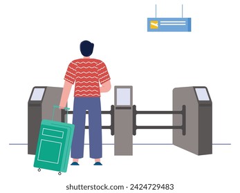 A male passenger was about to enter the airport with his suitcase. Character design. Vector flat illustration