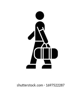 Male passenger with bag flat design long shadow glyph icon. Tourist carrying baggage. Man with checked luggage at airport. Silhouette symbol on white space. Vector isolated illustration