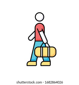 Male passenger with bag RGB color icon. Tourist carrying baggage. Man with checked luggage at airport. Visitor departure for airplane flight. Preparing for vacation. Isolated vector illustration