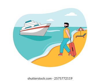 Male passenger carrying suitcase, waiting for cruise ship. Character design. Vector flat illustration