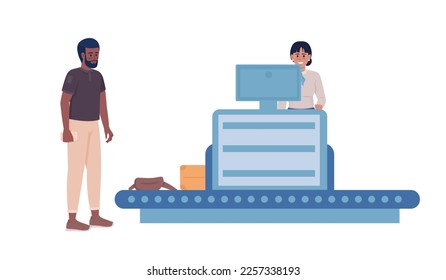 Male passenger going through checkpoint security semi flat color vector characters. Editable figures. Full body people on white. Simple cartoon style illustration for web graphic design and animation