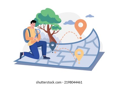 Male passenger is looking for a tourist destination on the map