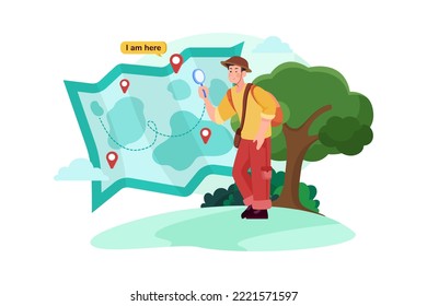 Male passenger is looking for a tourist destination on the map