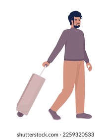 Male passenger with trolley bag going on boarding semi flat color vector character. Editable figure. Full body person on white. Simple cartoon style illustration for web graphic design and animation