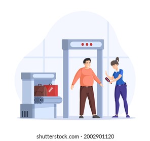 Male passenger walking through metal detection gate way. Borderline control for tourists at airport. Baggage and luggage checking. Female staff with scanner at international terminal cartoon vector