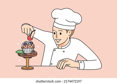 Male pastry chef decorate cake in confectionary shop. Man confectioner preparing cupcake. Dessert making. Vector illustration.