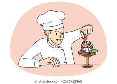 Male pastry chef decorate cake in confectionary shop. Man confectioner preparing cupcake. Dessert making. Vector illustration.