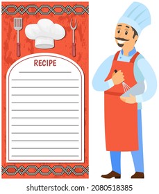 Male pastry chef holding bowl and whisk. Smiling man in apron preparing dessert near food, products icons. Confectioner whips ingredients for dish. Chef works with kitchen equipment to prepare food
