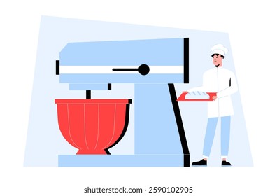 Male Pastry Chef with Large Stand Mixer in Flat Vector Illustration Symbolizing Baking, Professional Kitchen Equipment, and Dough Preparation, Isolated on White Background