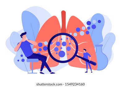 Male patient with anaphylactic symptoms and doctor with magnifier. Anaphylaxis, anaphylaxis shock treatment, allergic reaction help concept. Pinkish coral bluevector vector isolated illustration