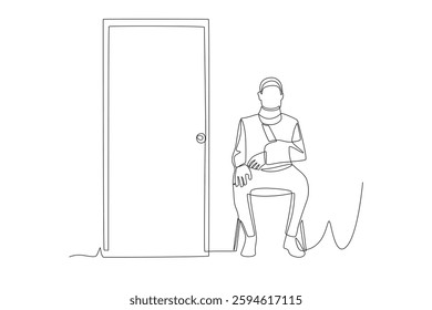 Male patient with broken arm waiting at clinic. Waiting in the clinic waiting room concept one-line drawing