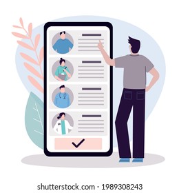 Male patient chooses doctor on phone screen. Online mobile application helps patient find therapist. Doctors team, medical staff portraits. Healthcare and medical insurance. Flat vector illustration