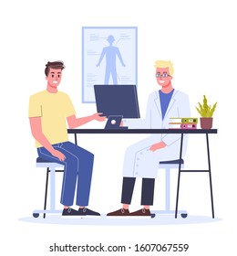 Male patient in clinic with doctor. Idea of healthcare and medical treatment. Man visit doctor. Medical examination. Isolated vector illustration in cartoon style