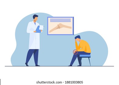 Male patient consulting doctor about joint pain. Young man, knee trauma, arthritis flat vector illustration. Examination, treatment, medical help concept for banner, website design or landing web page