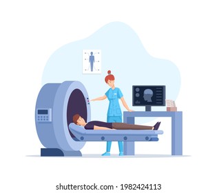 Male patient examination mri check up disease prevention at clinic. Doctor medical worker with x ray body analysis. Magnetic tomography scanning test diagnostic scan with modern equipment vector