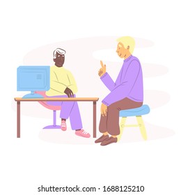 Male patient having a consultation with doctor in the office. Seek medical care earlier. Flat vector illustration